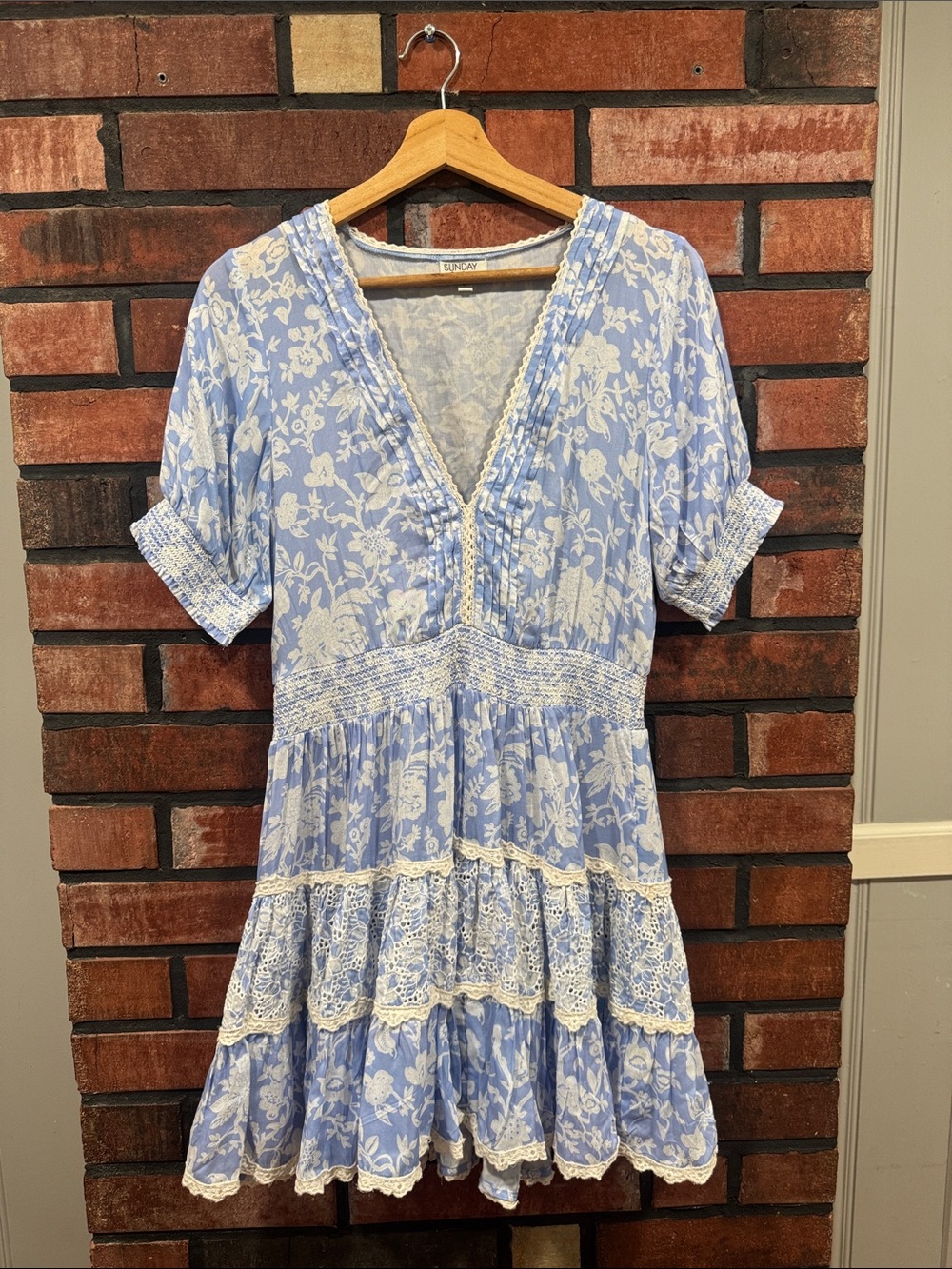 Saint Tropez  Light Blue & White Floral Lace-Trim V-Neck Dress